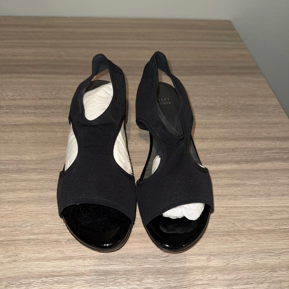 Stuart Weitzman Black Open-Toe Slingback Stretch Sandals